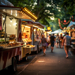  A quaint food truck amidst a rural fairground, surrounded by wooden stalls selling local produce, with patrons in traditional attire sampling dishes, under a canopy of colorful bunting and lanterns,