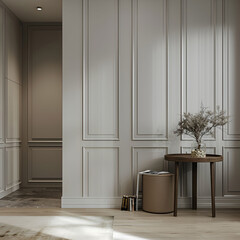Aesthetic elegant classic interior design. Clear mock up empty wall for decoration in the apartment. Copy space in the room with moldings. Neutral palette of natural colors.