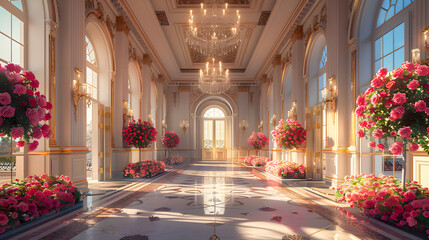 Fototapeta premium Luxury Palace Interior decorated with pink roses. Palace Interior background