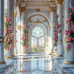 Obraz premium Luxury Palace Interior decorated with pink roses. Palace Interior background