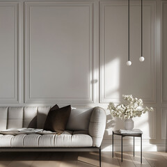 Aesthetic elegant classic interior design. Clear mock up empty wall for decoration in the apartment. Copy space in the room with moldings. Neutral palette of natural colors.