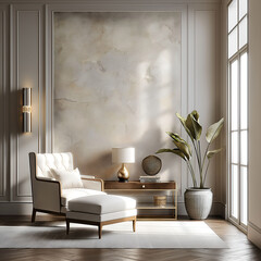 Aesthetic elegant classic interior design. Clear mock up empty wall for decoration in the apartment. Copy space in the room with moldings. Neutral palette of natural colors.