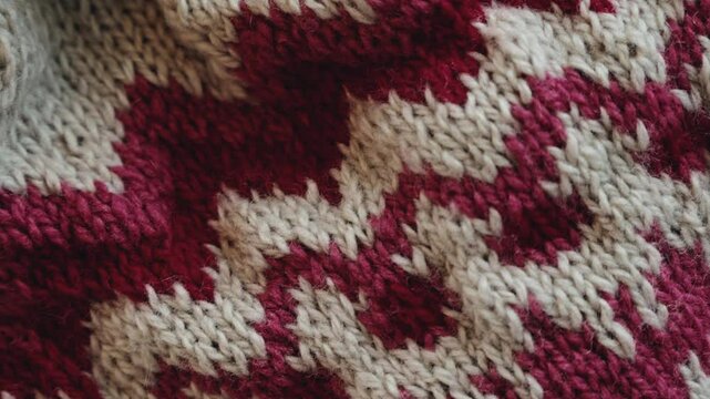 Texture of knitted sweater with white and red colors, close up view