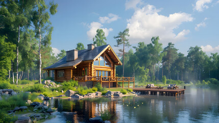 Obraz premium Majestic view of a wood log touristic cabin