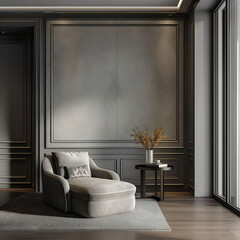 Aesthetic elegant classic interior design. Clear mock up empty wall for decoration in the apartment. Copy space in the room with moldings. Neutral palette of natural colors.