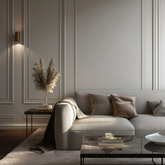 Aesthetic elegant classic interior design. Clear mock up empty wall for decoration in the apartment. Copy space in the room with moldings. Neutral palette of natural colors.