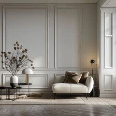 Aesthetic elegant classic interior design. Clear mock up empty wall for decoration in the apartment. Copy space in the room with moldings. Neutral palette of natural colors.