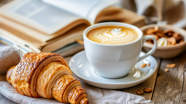 Taza de caf&eacute; caliente con croissant la mesa  