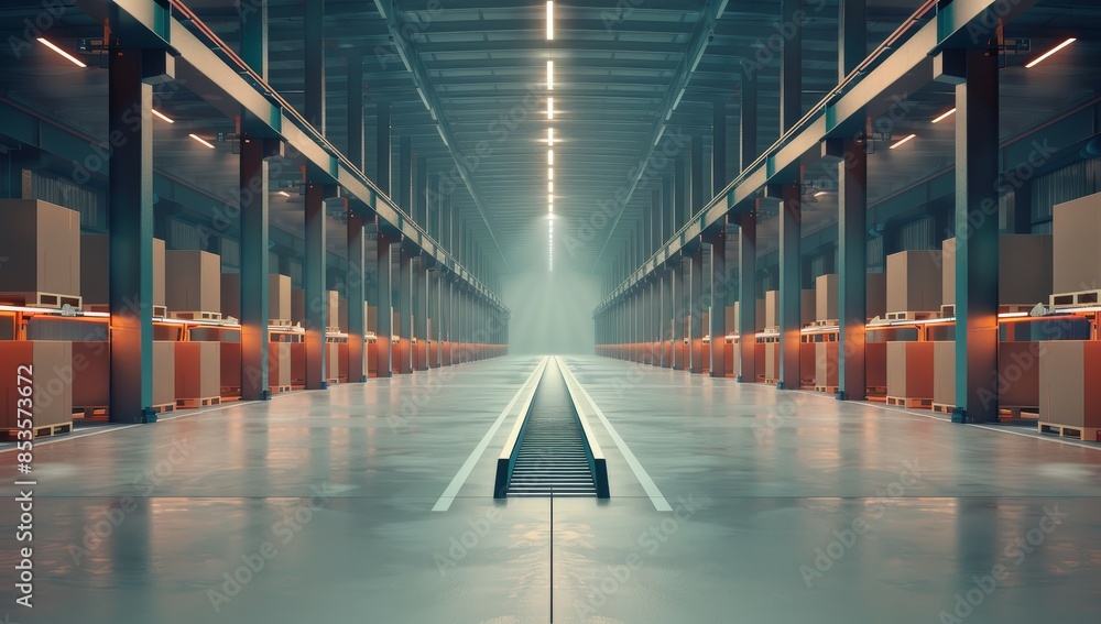 Poster the concept of large-scale warehouse technology and loading, unloading boxes on conveyor belts in th