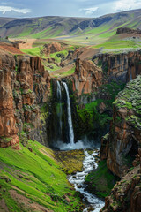 A waterfall flowing from a green landscape into a canyon