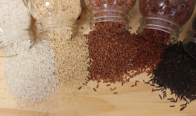 Different Rice Varieties in Rustic Kitchen.