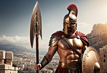 Obraz premium Spartan warrior in armor with shield and sword. Generative AI