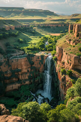 A waterfall flowing from a green landscape into a canyon