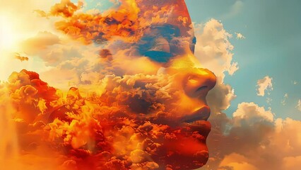 Video of woman's head reveals sun behind clouds. Concept emotional intelligence, mindfulness, minds, science, abstract intellect, genius, psychology