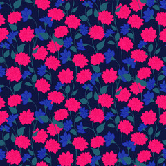 Blooming wild meadow seamless pattern on a dark black background. Abstract artistic branches with ditsy flowers, small leaves, tiny buds colorful printing. Vector hand drawing. Template for designs