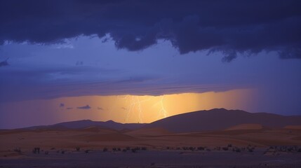 Obraz premium Thunderstorm in the desert at dusk, with dramatic clouds and lightning illuminating the horizon, creating a striking contrast against the desert landscape. 