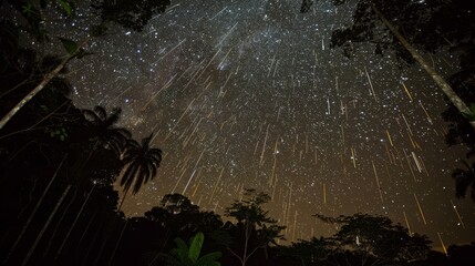 Meteor shower illuminating the night sky above a tropical forest, with silhouettes of tall trees, creating a mesmerizing and awe-inspiring natural spectacle.	