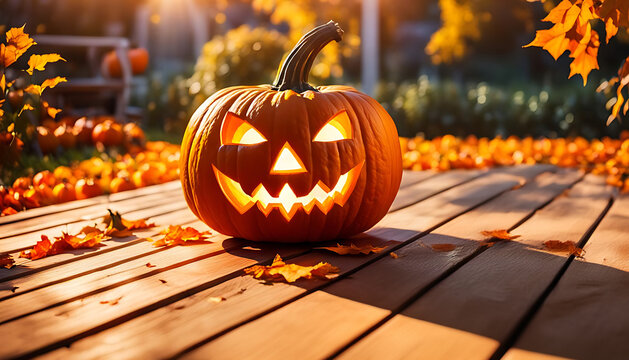 Halloween K&uuml;rbis leuchtend orange mit Gesicht gruselig als Deko auf Holzterasse im warmen Herbst Sonnenlicht umgeben von Garten mit bunten Laub als Vorlage Hintergrund f&uuml;r Produkte und Beschriftung