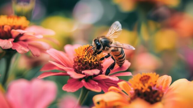 Macro Photography: Intimate Bees Pollinating Vibrant Flowers in Lush Garden