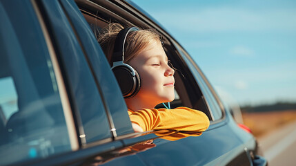 Naklejka premium happy and blissful little girl listening to music, sitting in a car, on a family vacation road trip