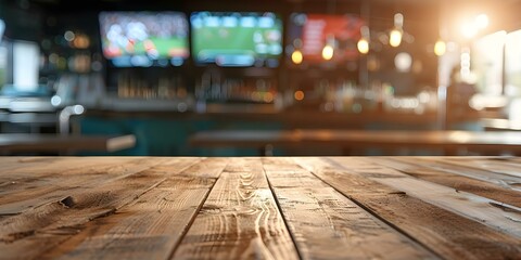 Television screens displaying sports in the background of a deserted wooden counter. Concept Sports, Television, Background, Wooden, Counter