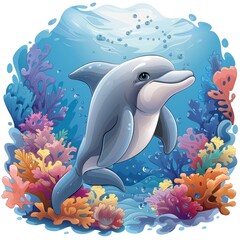 Fototapeta premium Playful Cartoon Dolphin Enjoying a Swim in Crystal Clear Waters