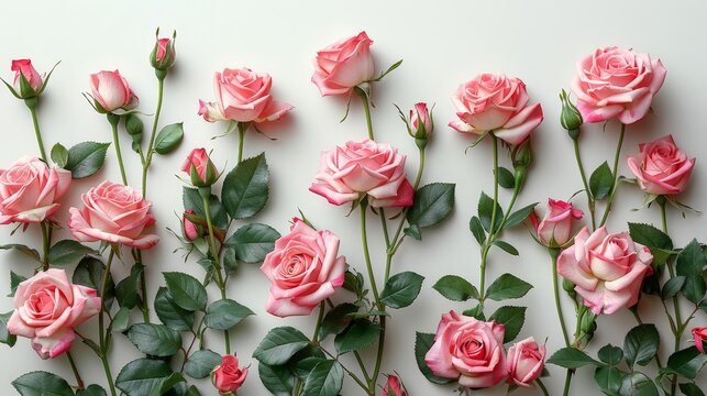 Beautiful Pink Roses on White Background with Copy Space for Mother's Day and International Women's Day Greetings