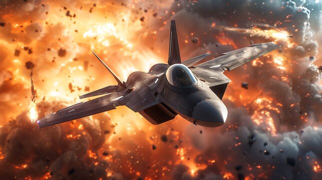 hollywood style A futuristic fighter plane launching missiles towards an enemy target with an explosion lighting up the background