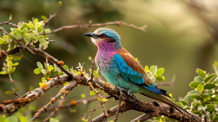 Obraz premium A tropical bird resting on a bush adorned with exotic flowers, each bloom showcasing vivid colours and intricate details, the bird's plumage shimmering in the soft breeze, lush rainforest.