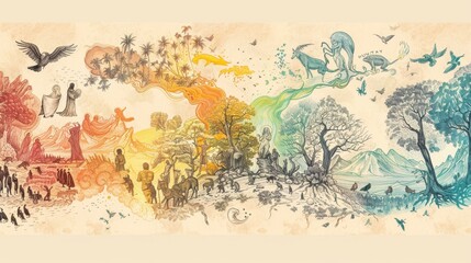 Genesis,The Creation,Vibrant Biblical Illustration of the World's Creation on Beige Background with Copyspace,Christian banner