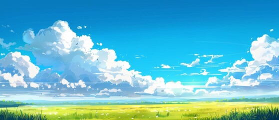 Fototapeta premium Beautiful landscape with clouds and sky. Cartoon or anime watercolor illustration style.