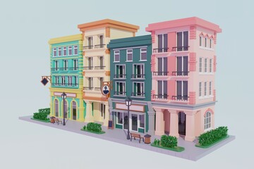Colorful buildings on the street with a cafe, bank, boutique, hotel located on a light background, rendering of 3D models of architectural buildings in a classical style   Realistic 3D design of creat © Loverina