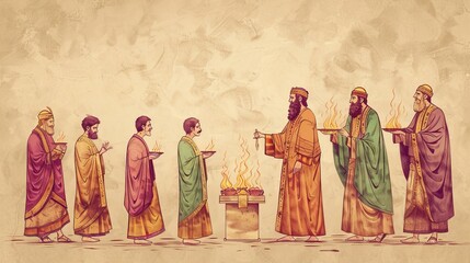 Fototapeta premium Leviticus,The Priests Begin Their Ministry,Aaron and His Sons Begin Priestly Duties, Offering Sacrifices on the Altar, Beige Background,Christian banner