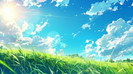 Obraz premium Beautiful landscape with clouds and sky. Cartoon or anime watercolor illustration style.