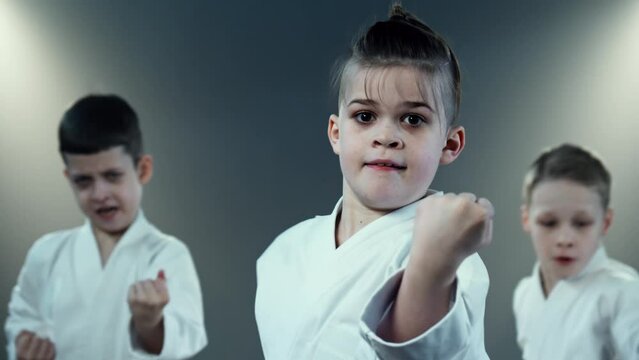Boys training karate at smoky background. Group of young karate practitioners in white kimono, perform synchronized martial arts katas. Practicing karate moves at class indoors