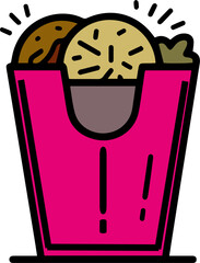 A pink container with a burger and fries inside