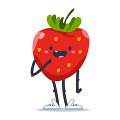 Cute smiling strawberry vector cartoon character isolated on a white background.