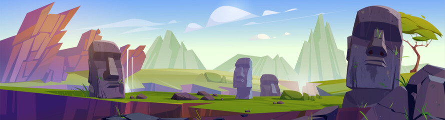 Ancient mayan civilization stone head sculpture ruins on valley with green grass and rocky mountains. Cartoon vector aztec culture archaeological artifacts. Summer landscape with tribal face statue.