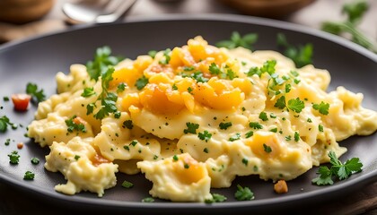 Fried scrambled eggs with mashed potatoes
