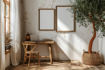 Stunning room with desk, artwork, seat, and potted plant.