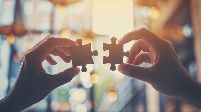 Collaborative effort to solve a problem or challenge by connecting puzzle pieces, with the support of a businessman and woman.