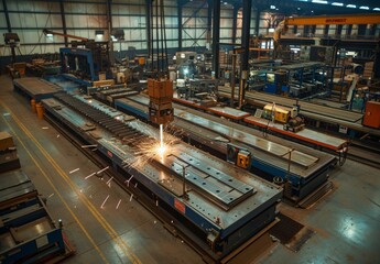 A large-scale metal fabrication plant with cutting, welding, and shaping machinery