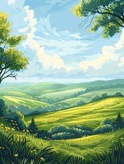 An early countryside scene of rolling terrain in a stretched layout ideal for use as a backdrop, depicted in a digital image.