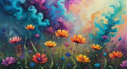 Fototapeta premium A vibrant, fantasy-inspired scene featuring colorful flowers with swirling, multi-hued smoke, creating a dreamy and surreal atmosphere. AI generated