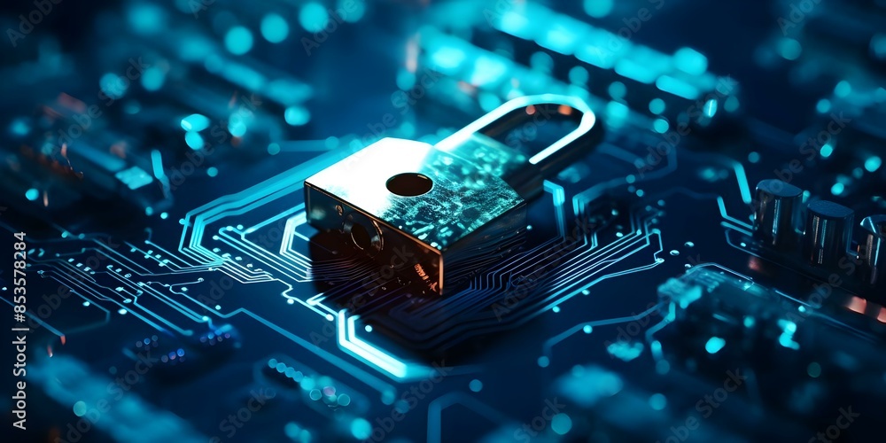 Poster securing network transactions with abstract lock on motherboard for digital trust assurance. concept