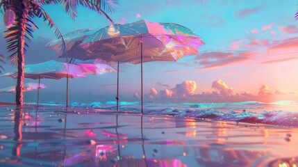 Digital beach scene with holographic umbrellas creating a futuristic and surreal atmosphere