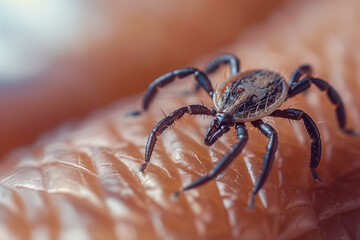 Close-up of a tick on human skin, with detailed textures showing the tick's legs and body, highlighting the interaction between the tick and the skin