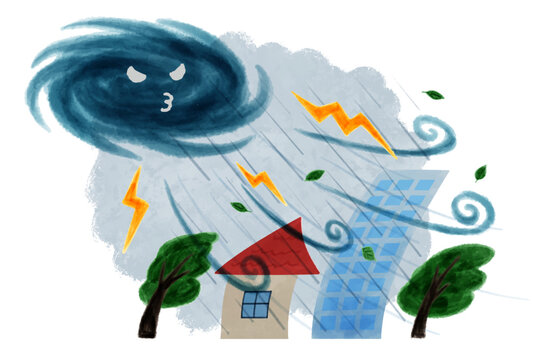 台風で防風や雷、雨が激しい水彩画風イラスト