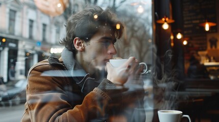 Observing a content pensive young man sipping warm coffee in a comfortable coffee shop from the window.