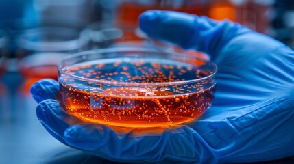 Precision in life science research  close up of gloved hands handling swirling culture in petri dish